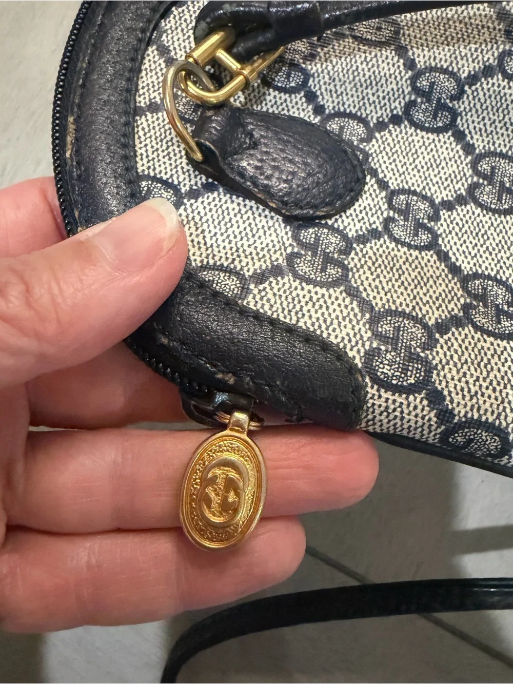 Gucci Beige Navy Monogram Crossbody with Red Web Stripe